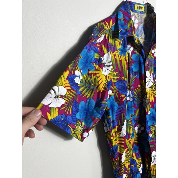 Vtg Hawaiian Shirt Sanit Size L 90s Colorful Cotton Hawaiian Button Down Shirt - Picture 2 of 8